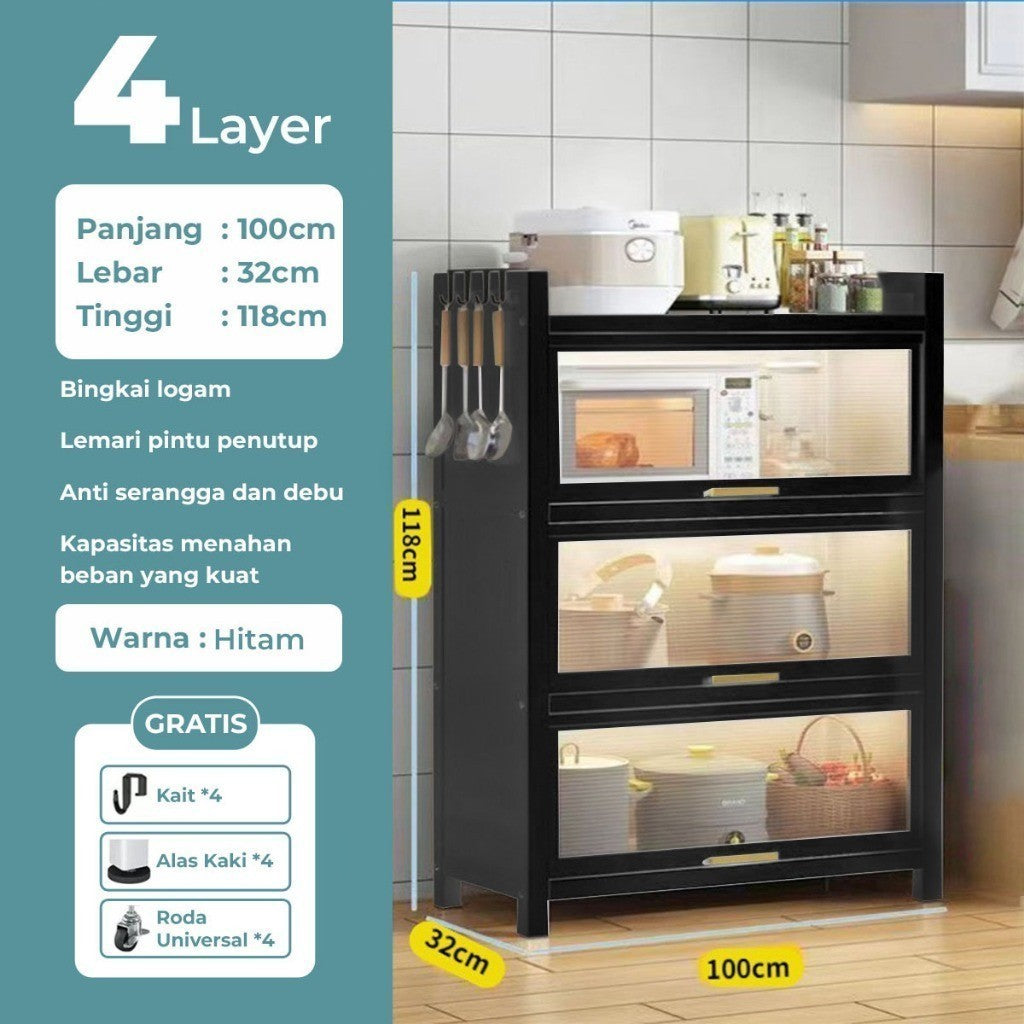 Pekanbaru Homedoki Rak Piring Tertutup / Rak Dapur / Lemari Piring/ Rak Susun Serbaguna  / Rak Penyimpanan Multi-Layer Dengan Roda Pintu
