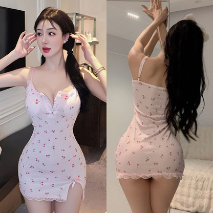 Pekanbaru Baju Tidur Dress Set D-161 Motif Bunga Cherry Plus Busa Dada