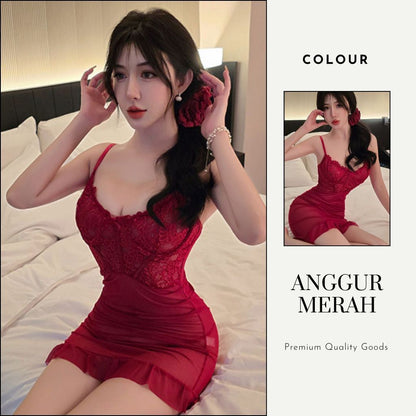 Pekanbaru Lingerie Dress Set D 170 Renda, Kawat Penyangga, Tali Bahu Berkerut