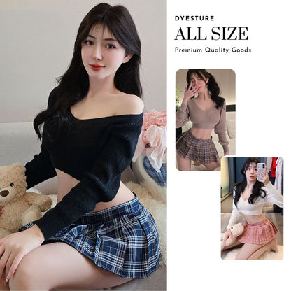 Pekanbaru Lingerie Set Atasan Dan Rok D 169 Kotak-Kotak Sweater Gaya Siswa