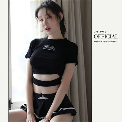 Pekanbaru Lingerie Set D-131 Cosplay Atasan Dan Rok Plus Stocking Seragam Polisi Cantik