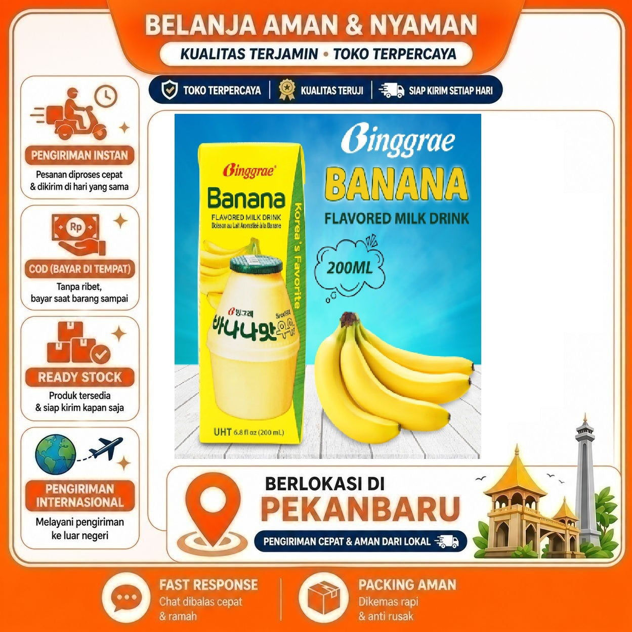Pekanbaru 200ml Binggrae Banana Flavored Milk Drink Minuman Susu Rasa Buah Pisang Halal Korea