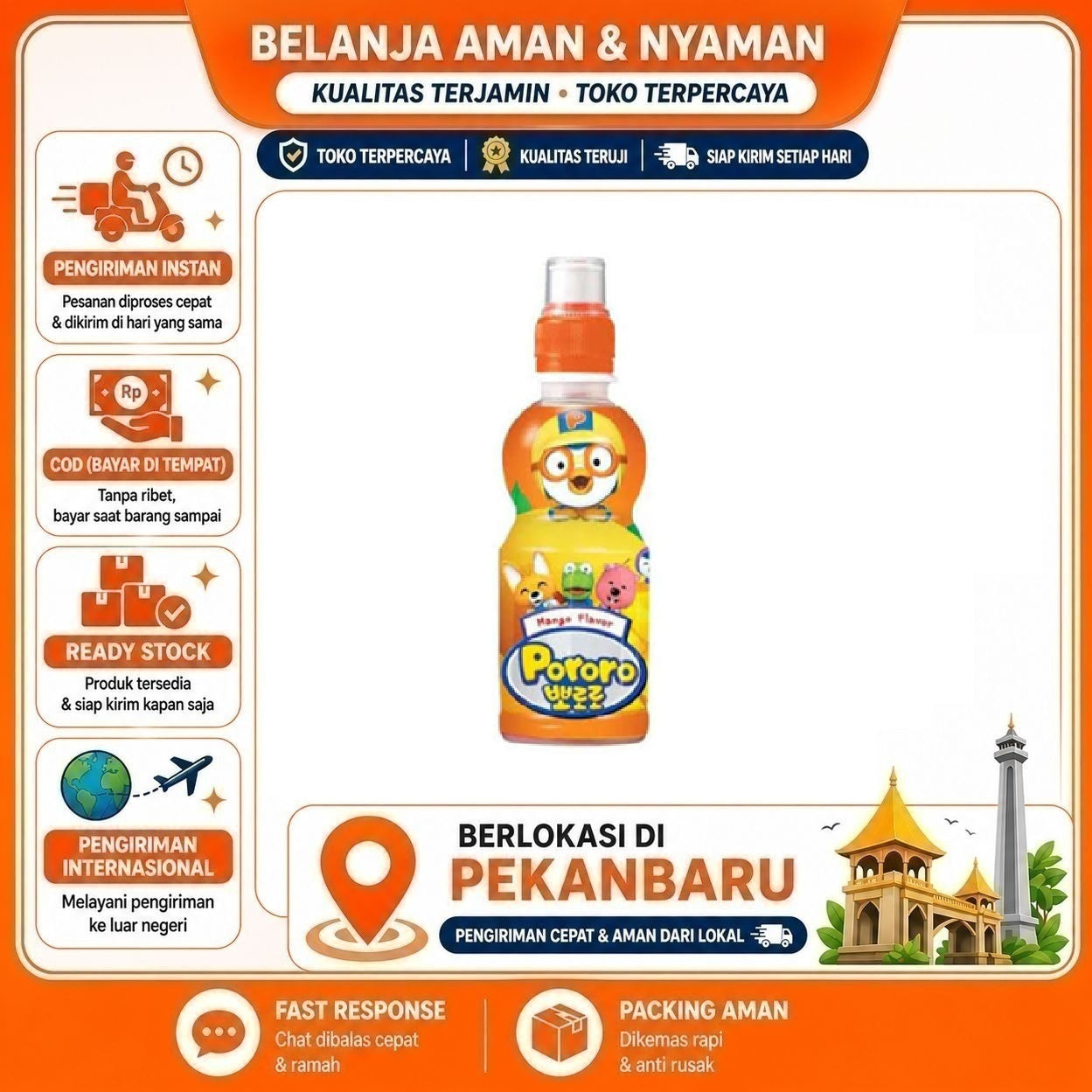 Pekanbaru 235ml Pororo Mango Flavour Minuman Anak Rasa Buah Mangga Kemasan Botol Praktis Halal