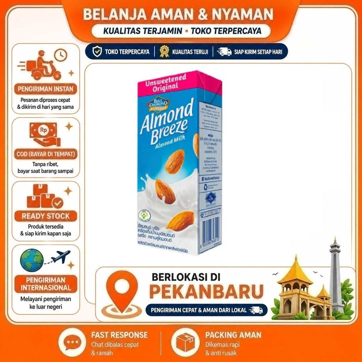 Pekanbaru 180ml Almond Breeze Milk Unsweetened Flavor Blue Diamond Minuman Susu Non-Dairy