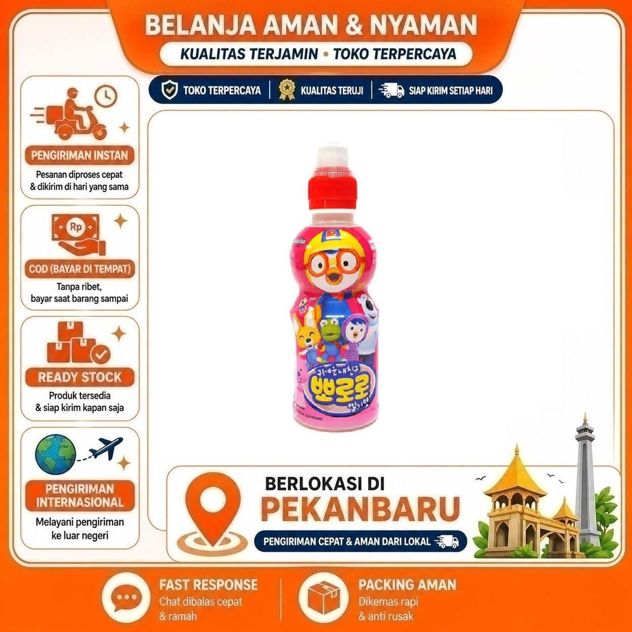 Pekanbaru 235ml Pororo Strawberry Flavour Minuman Anak Rasa Stroberi Kemasan Botol Praktis