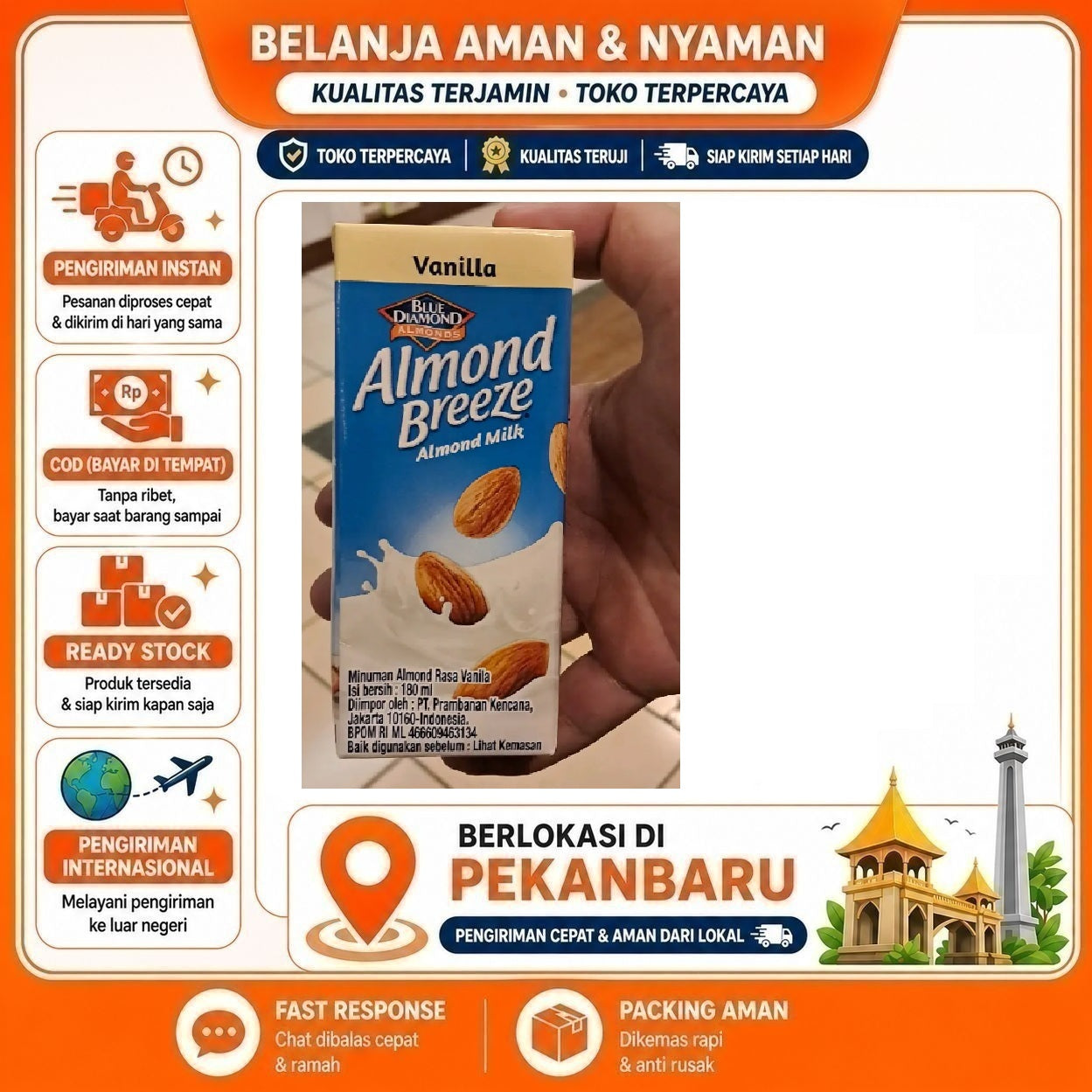 Pekanbaru 180ml Almond Breeze Milk Vanilla Flavor Blue Diamond Minuman Susu Non-Dairy Vanila
