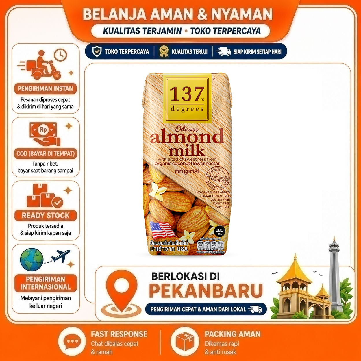 Pekanbaru 180ml 137 Degrees Almond Milk Original Susu Non-Dairy Nabati Kacang Delicious Enak