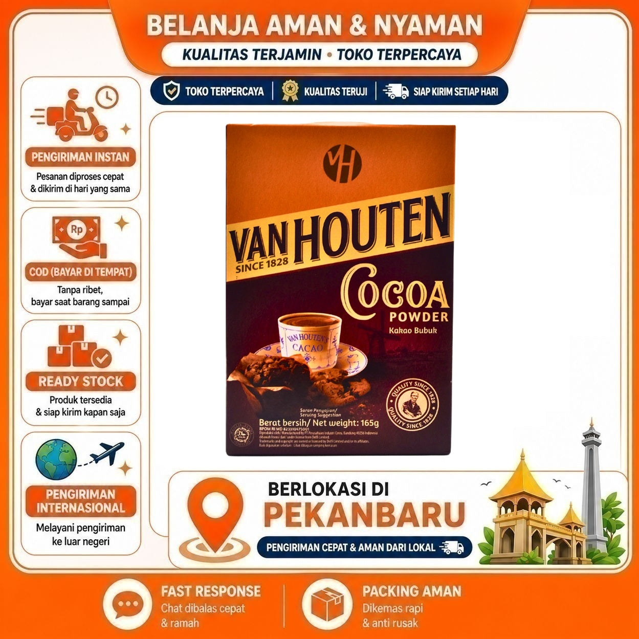 Pekanbaru 165 gr Bubuk Kakao Van Houten Cocoa Powder Rasa Coklat Alami Praktis Untuk Kue Cake