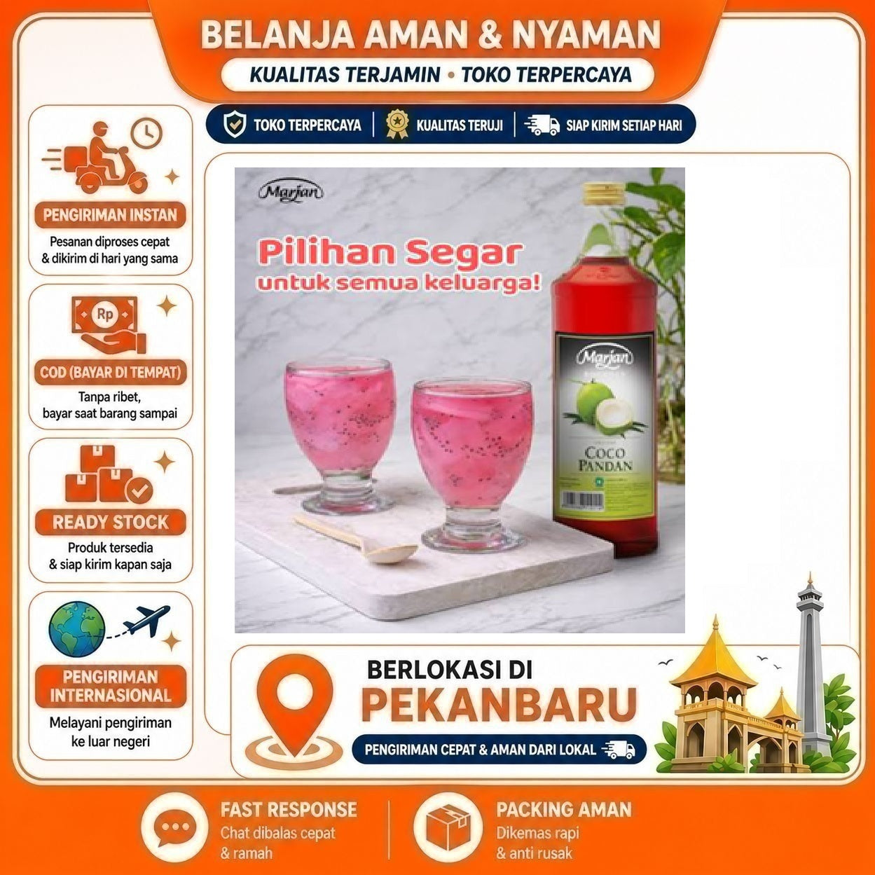 Pekanbaru 460ml Marjan Boudoin Coco Pandan Sirup Minuman Mix Drink Syrup Kemasan Botol Halal