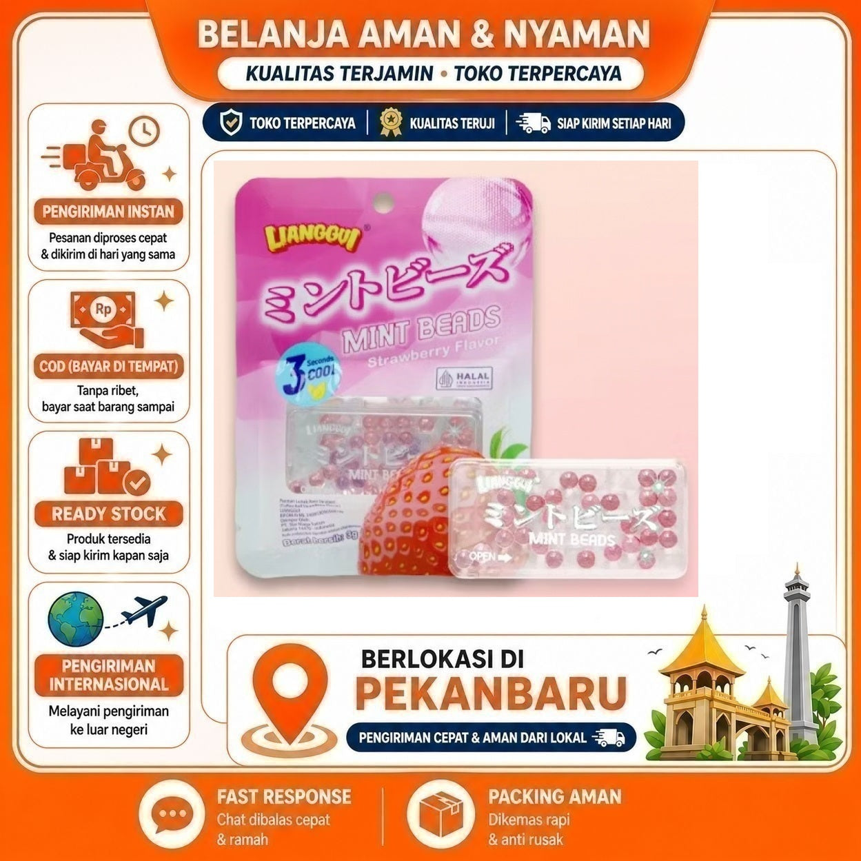 Pekanbaru Lianggui Permen Mint Mutiara 1 Saset 3 gr Rasa Stroberi Blueberi Anggur Grape Halal