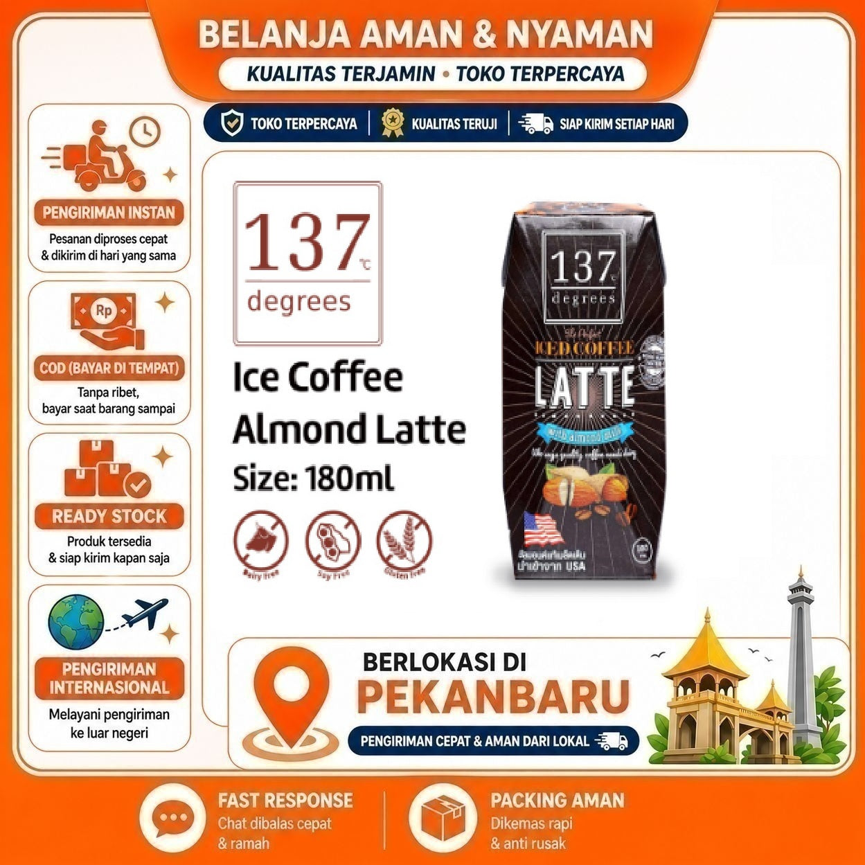 Pekanbaru 180ml 137 Degrees Iced Coffee Latte With Almond Milk Susu Non-Dairy Kacang Kopi Late