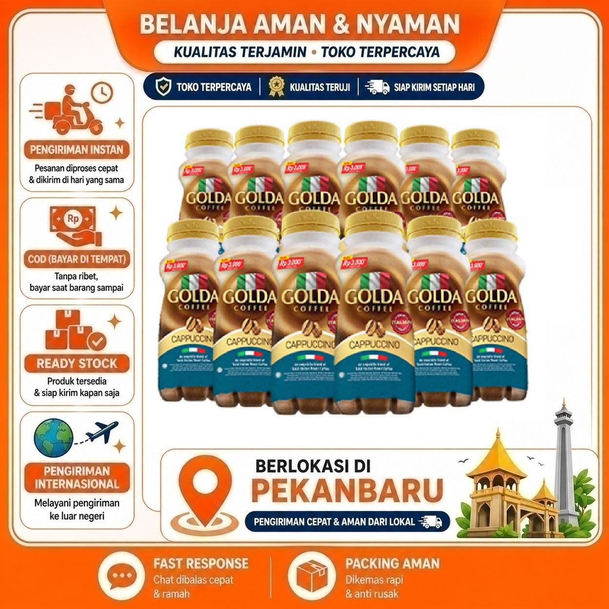 Pekanbaru 12 Botol @200ml Golda Cappuccino Minuman Kopi Coffee Drink Kemasan Botol Plastik
