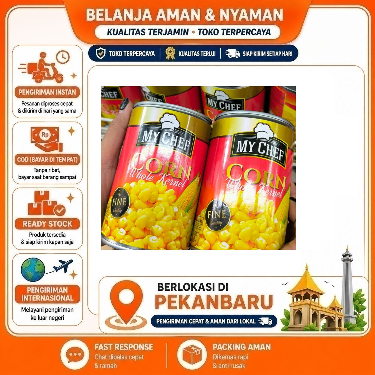 Pekanbaru 425 Gram My Chef Corn Whole Kernel Fine Quality Jagung Utuh Dalam Kemasan Kaleng
