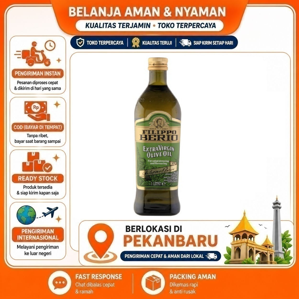 Pekanbaru 1 Liter Filippo Berio Extra Virgin Olive Oil For Salad Dressing & Flavouring Minyak
