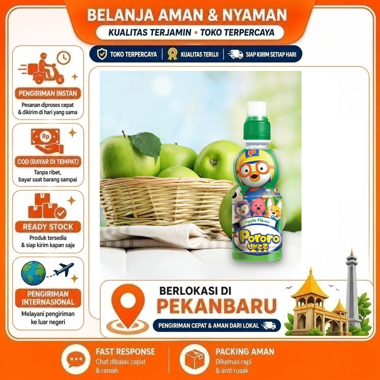 Pekanbaru 235ml Pororo Apple Flavour Minuman Anak Rasa Buah Apel Kemasan Botol Praktis Halal