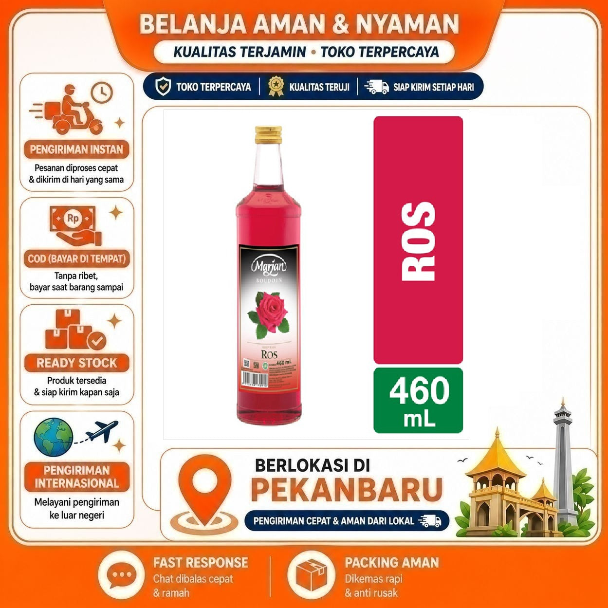 Pekanbaru 460ml Marjan Boudoin Sirup Rasa Ros Bunga Mawar Rose Syrup Bahan Minuman Halal Enak