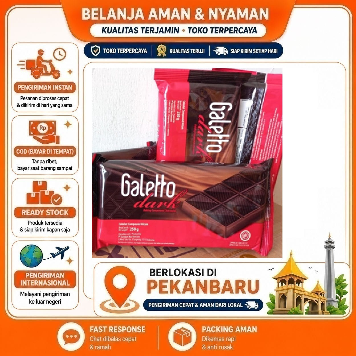 Pekanbaru 250 Gram Galetto Dark Baking Compound Chocolate Cokelat Hitam Bahan Dekorasi Kue Mix