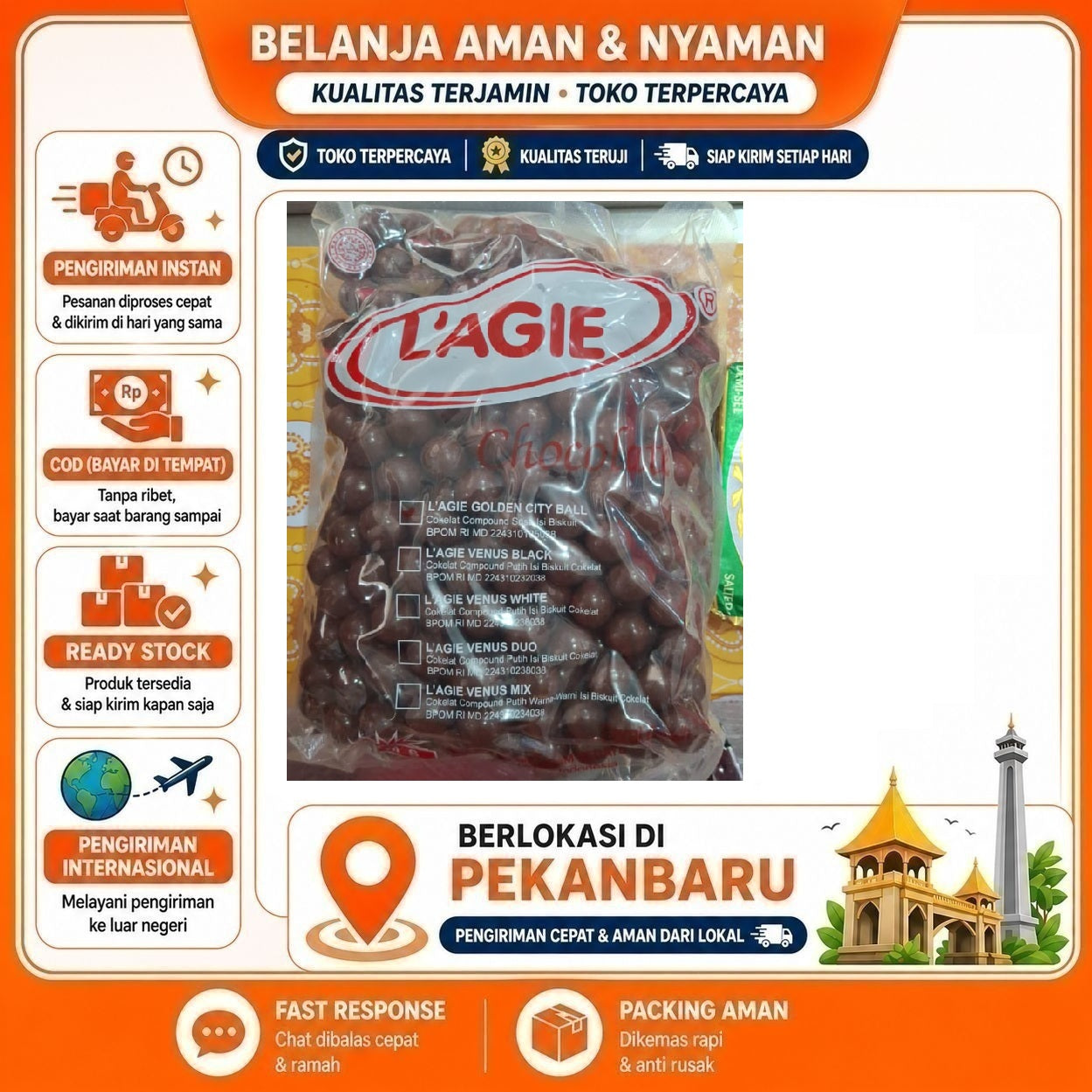 Pekanbaru 1 kg L'agie Golden City Ball Cokelat Compound Susu Isi Biskuit Chocolate Biscuit 1kg