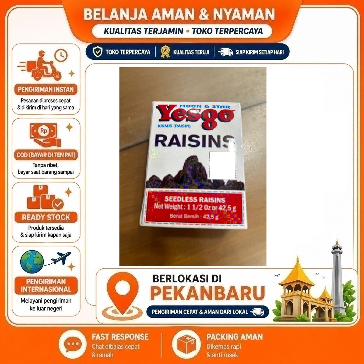 Pekanbaru 42.5 gr Yesgo Kismis Hitam Black Raisin Seedless Raisins Moon & Star Halal Sehat