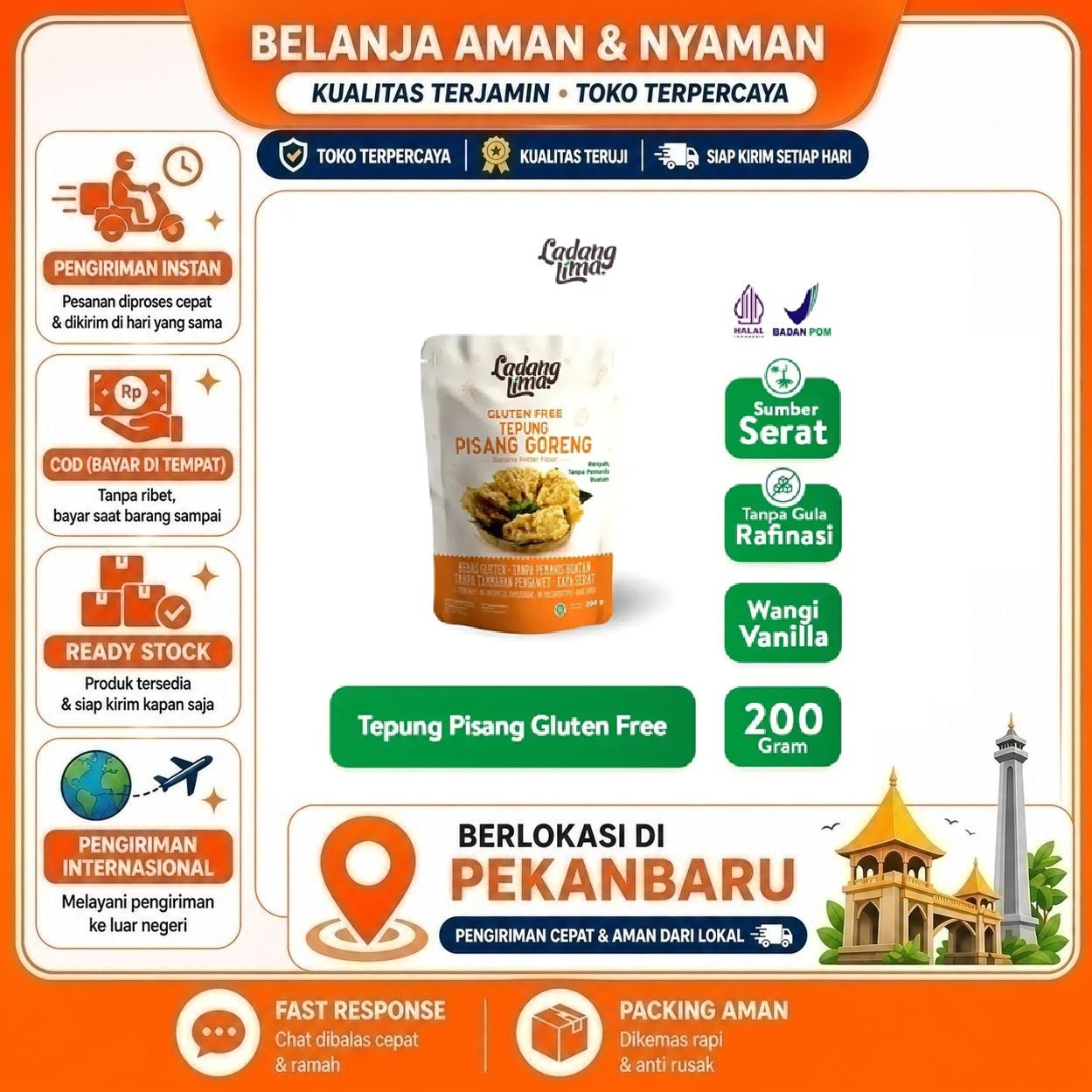 Pekanbaru 200 Gram Ladang Lima Tepung Pisang Goreng Bebas Gluten Tanpa Pemanis Buatan Halal