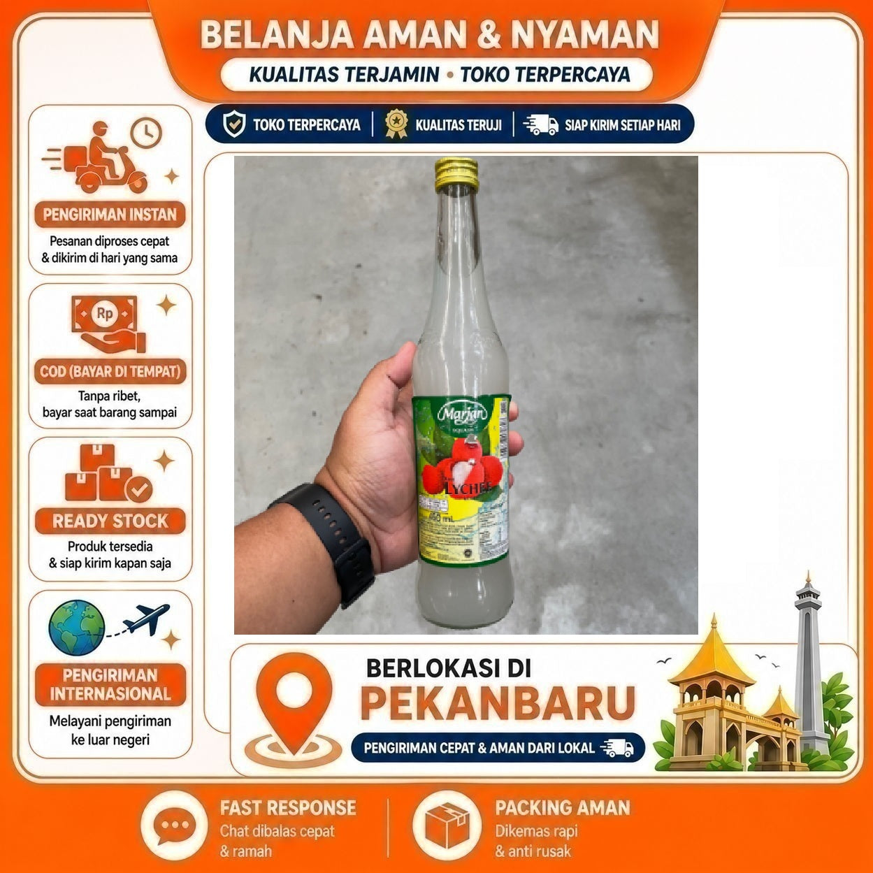 Pekanbaru 400ml Marjan Squash Sirup Rasa Buah Leci Bahan Minuman Lychee Syrup Kemasan Botol
