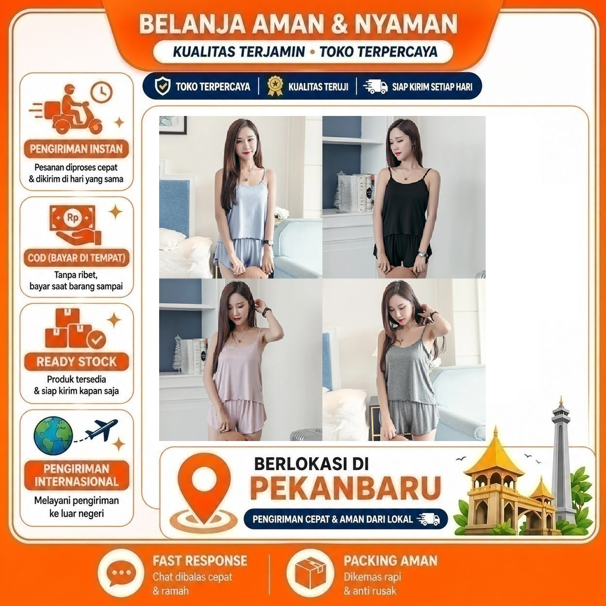 Pekanbaru Baju Tidur Set Wanita Piyama Camisole Celana Pendek Pakaian Wanita Korea Style BS877