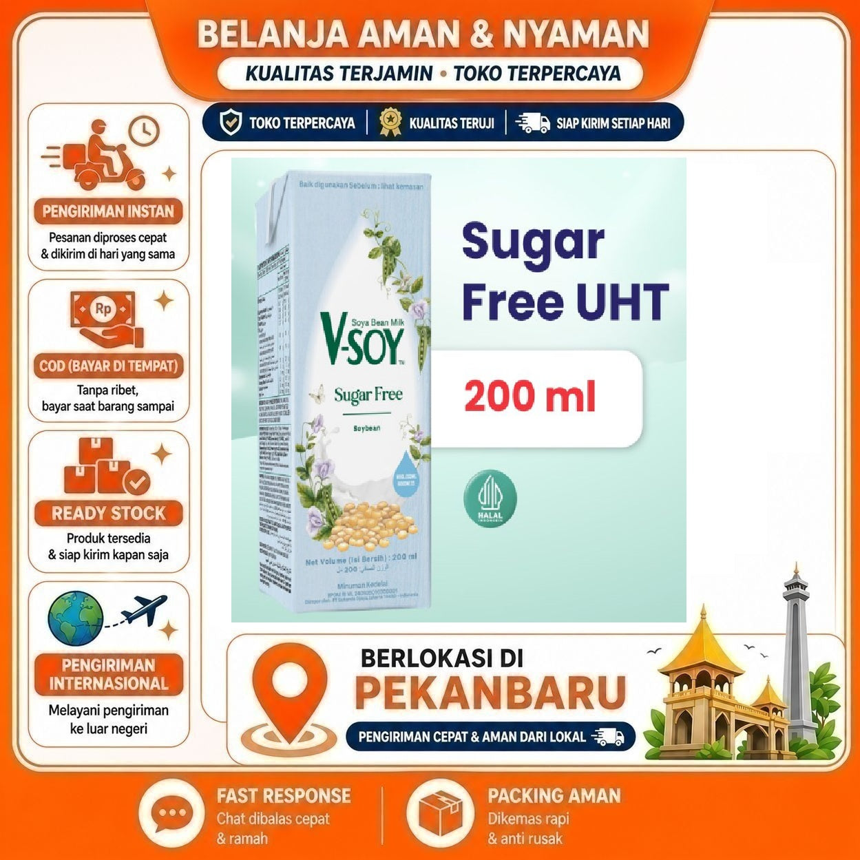 Pekanbaru 200ml V-soy Sugar Free Soya Bean Milk Soybean Minuman Nabati Susu Kacang Kedelai
