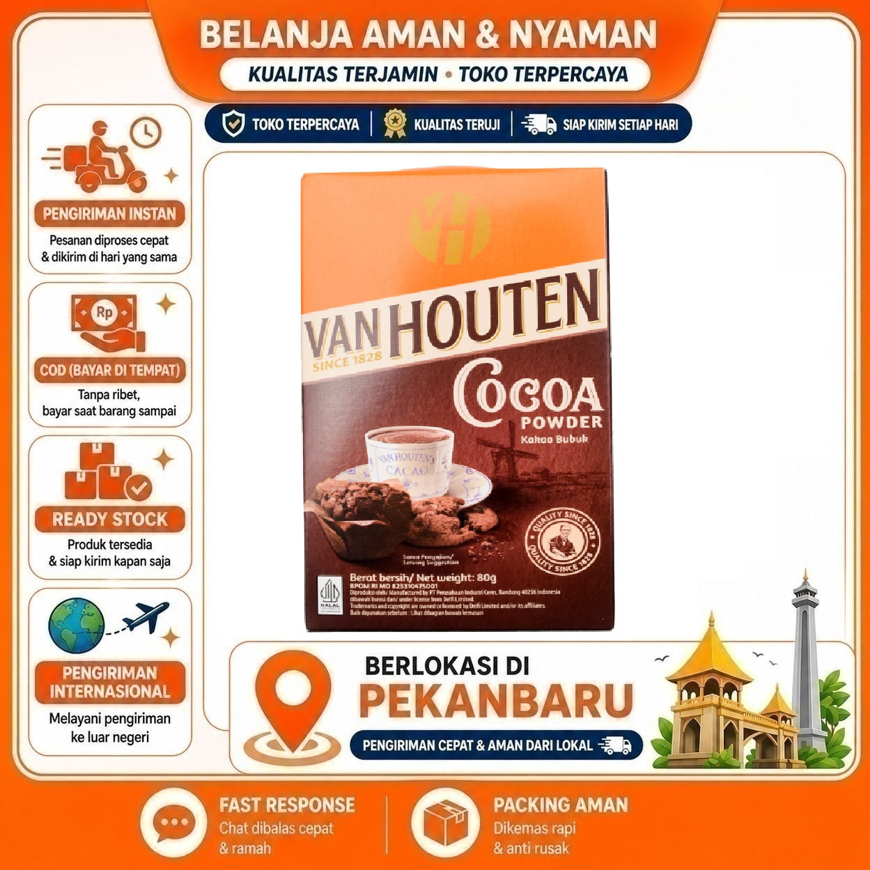 Pekanbaru 80 gr Bubuk Kakao Van Houten Cocoa Powder Rasa Coklat Alami Praktis Untuk Kue Cake