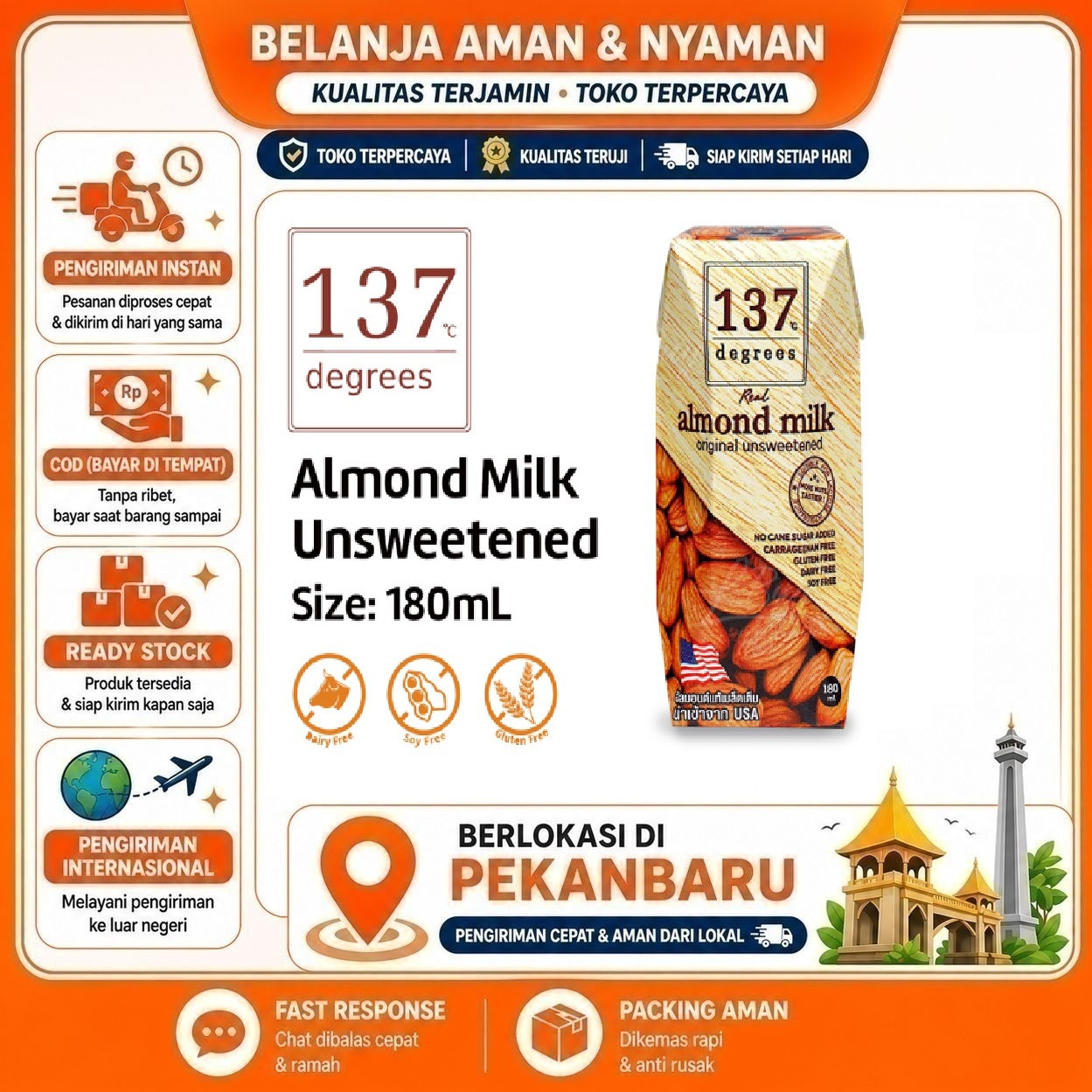 Pekanbaru 180ml 137 Degrees Almond Milk Unsweetened Susu Non-Dairy Nabati Tidak Manis Sehat