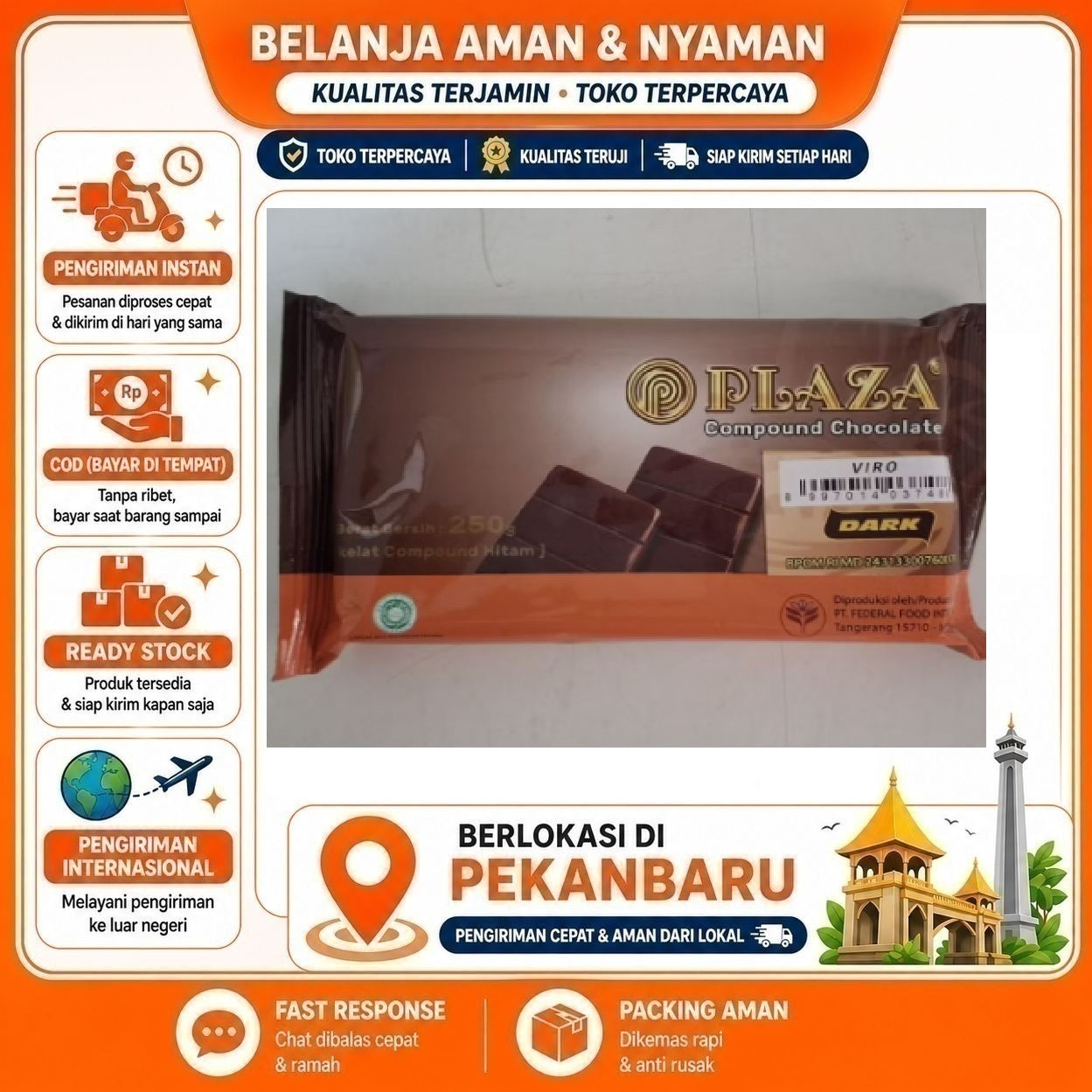 Pekanbaru 250 Gram Plaza Dark Compound Chocolate Cokelat Hitam Coklat Batang Bahan Kue Halal