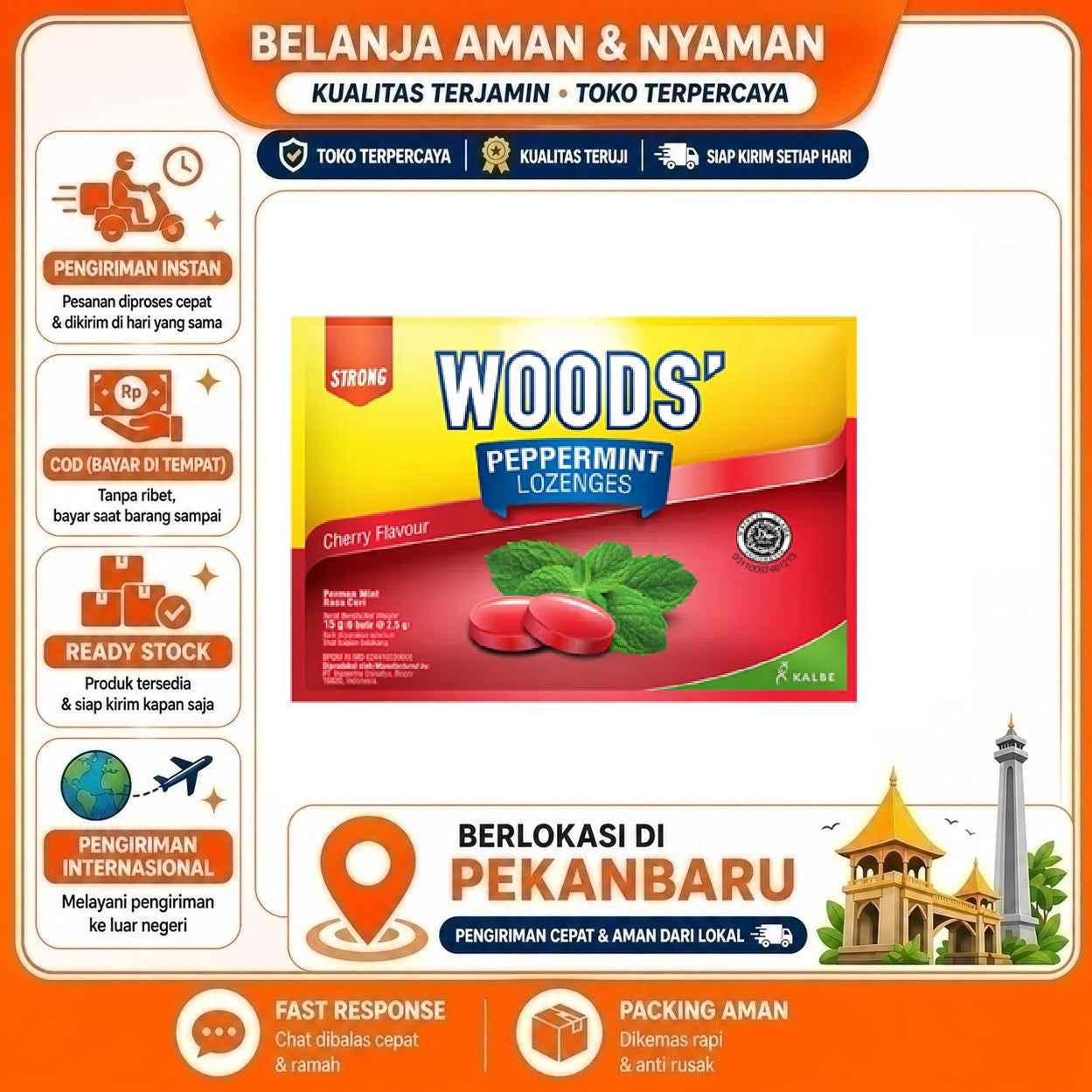 Pekanbaru Wood's Peppermint Lozenges Cherry Flavour Extra Strong Permen Rasa Ceri Segar Halal