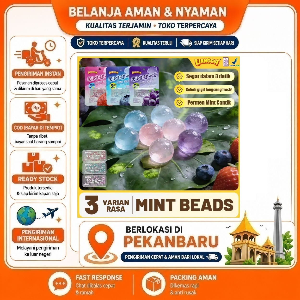 Pekanbaru Lianggui Permen Mint Mutiara 1 Saset 3 gr Rasa Stroberi Blueberi Anggur Grape Halal